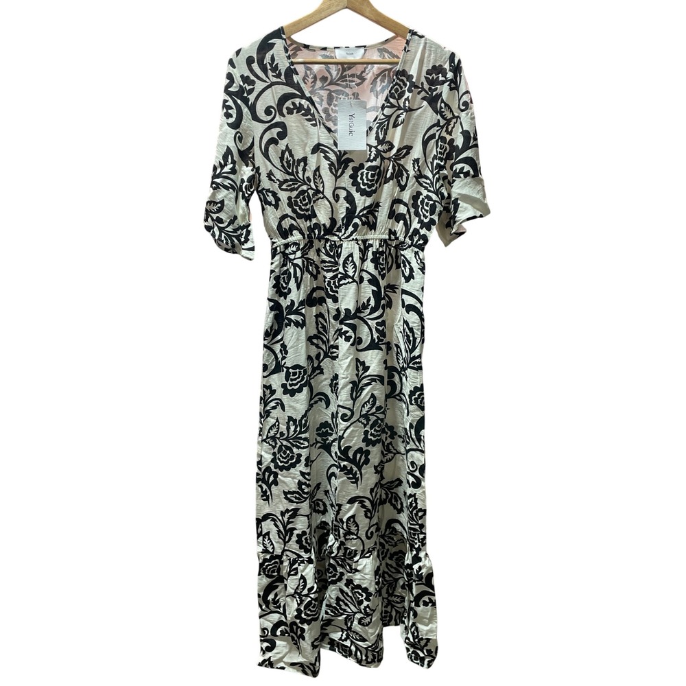 YstGuic Women Black White Floral VNeck Midi Dress Flutter Sleeve Elastic Waist S